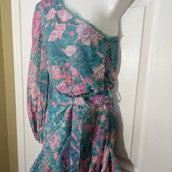 HEMANT AND NANDITA Kefi One Shoulder Mini Dress in Blue & Pink - size XS NWOT - Picture 6 of 15